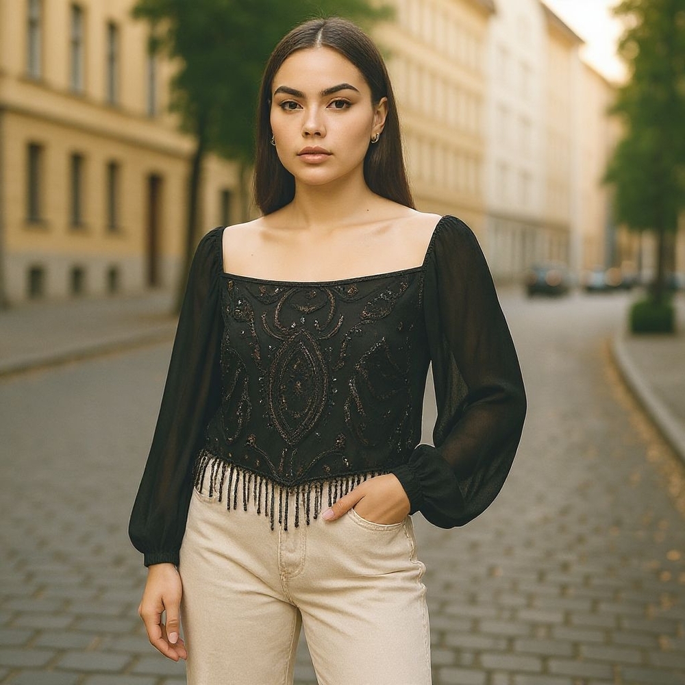 Daytrip Black Beaded Blouse with Sheer Sleeves